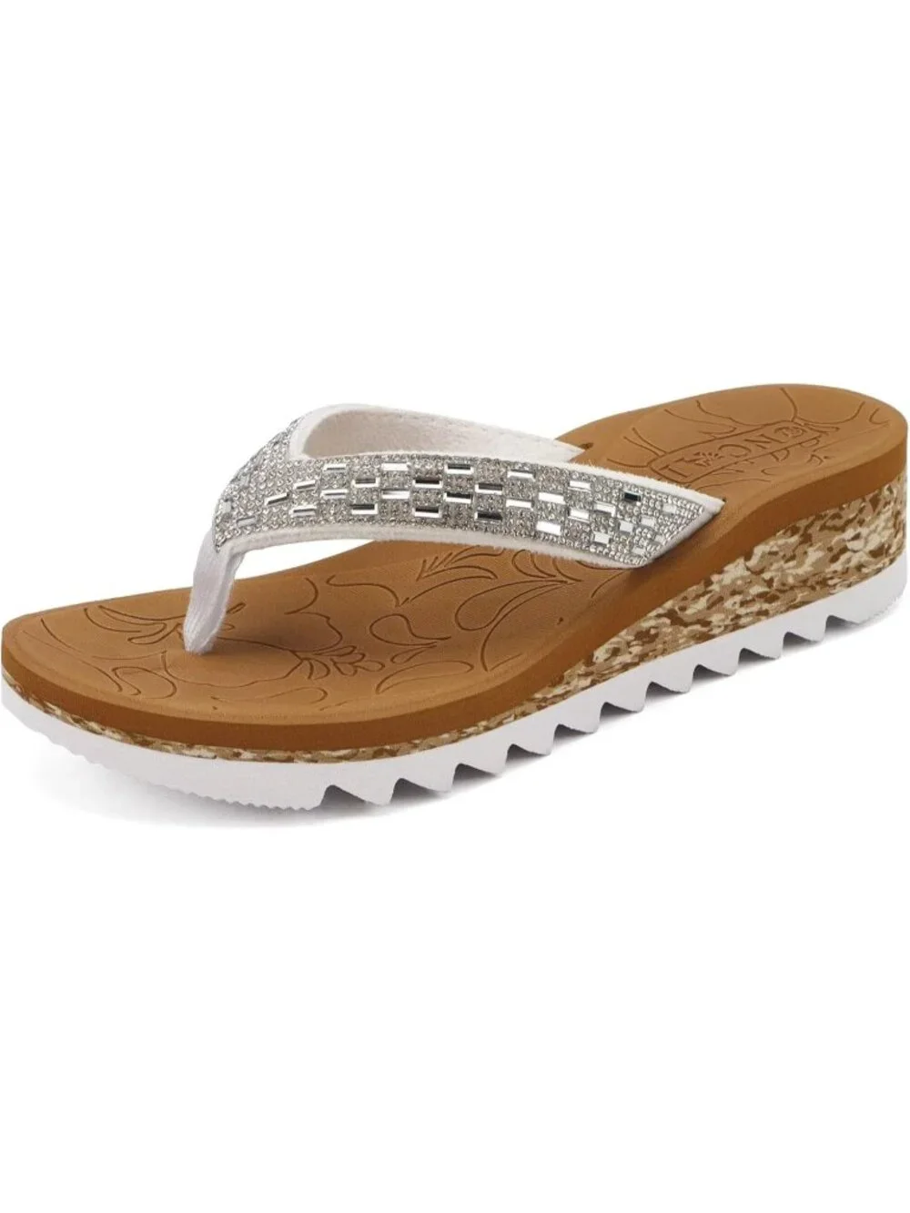 Women's White Khaki Summer Comfortable Wedge Flip Flop with Rhinestone Sandals